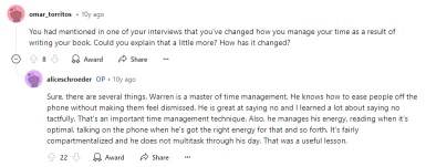 Alice Schroeder did an AMA on Reddit a few years after she wrote Buffett's biography. It's filled with really good stuff, stuff we don't usually see.