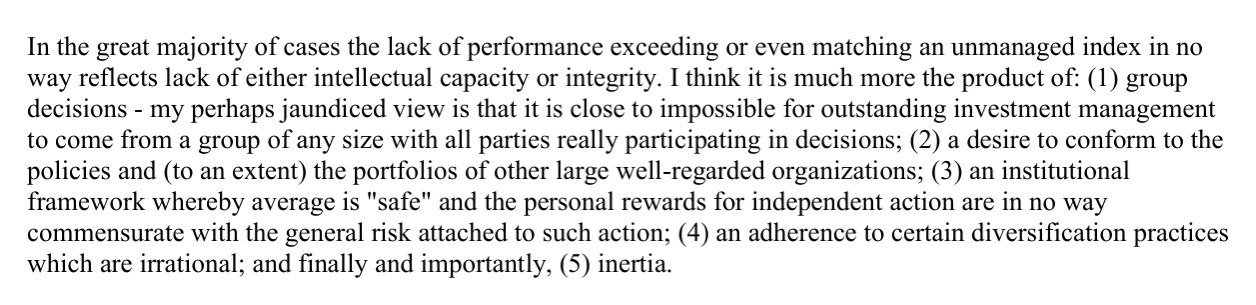 Buffett on why bright investment managers, with unlimited resources and the most extensive business contacts perform poorly. (1969)