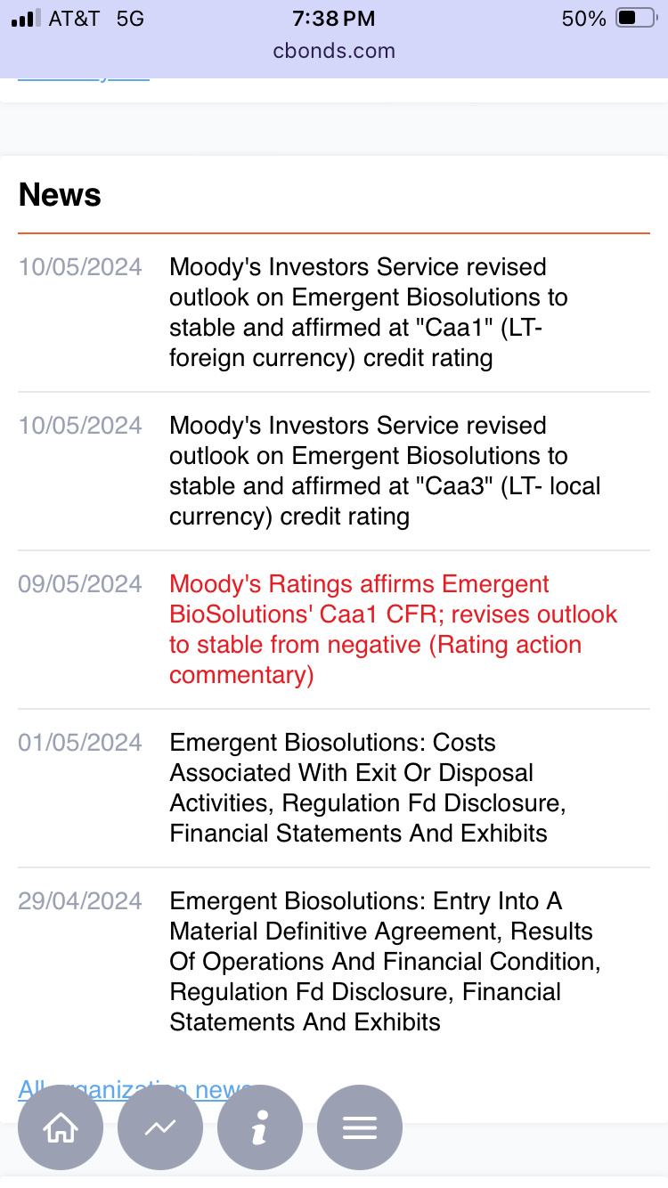 $Emergent BioSolutions (EBS.US)$ 穆迪将前景从负面改为稳定。一个好兆头！