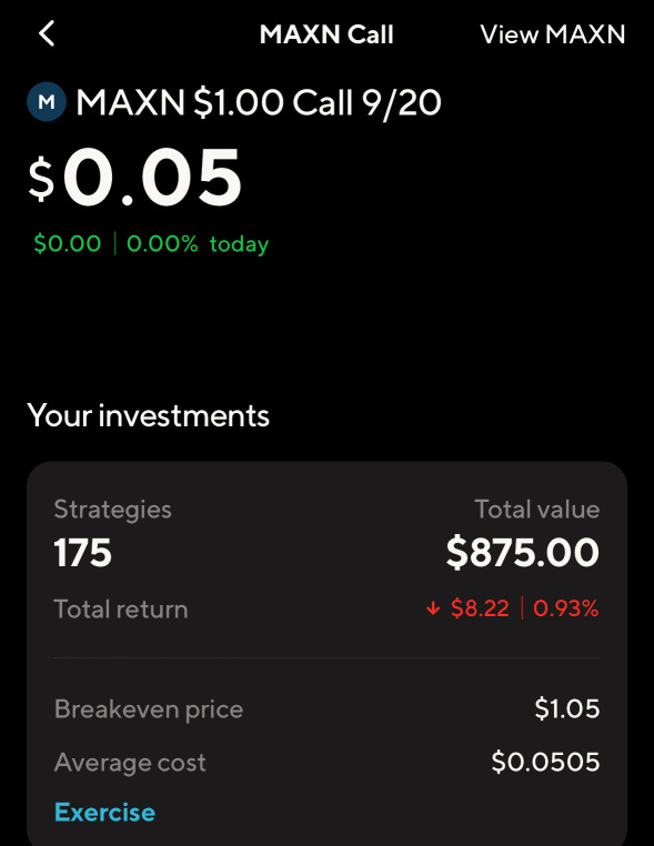 $MAXN 9/20 $1.00 看涨期权 —