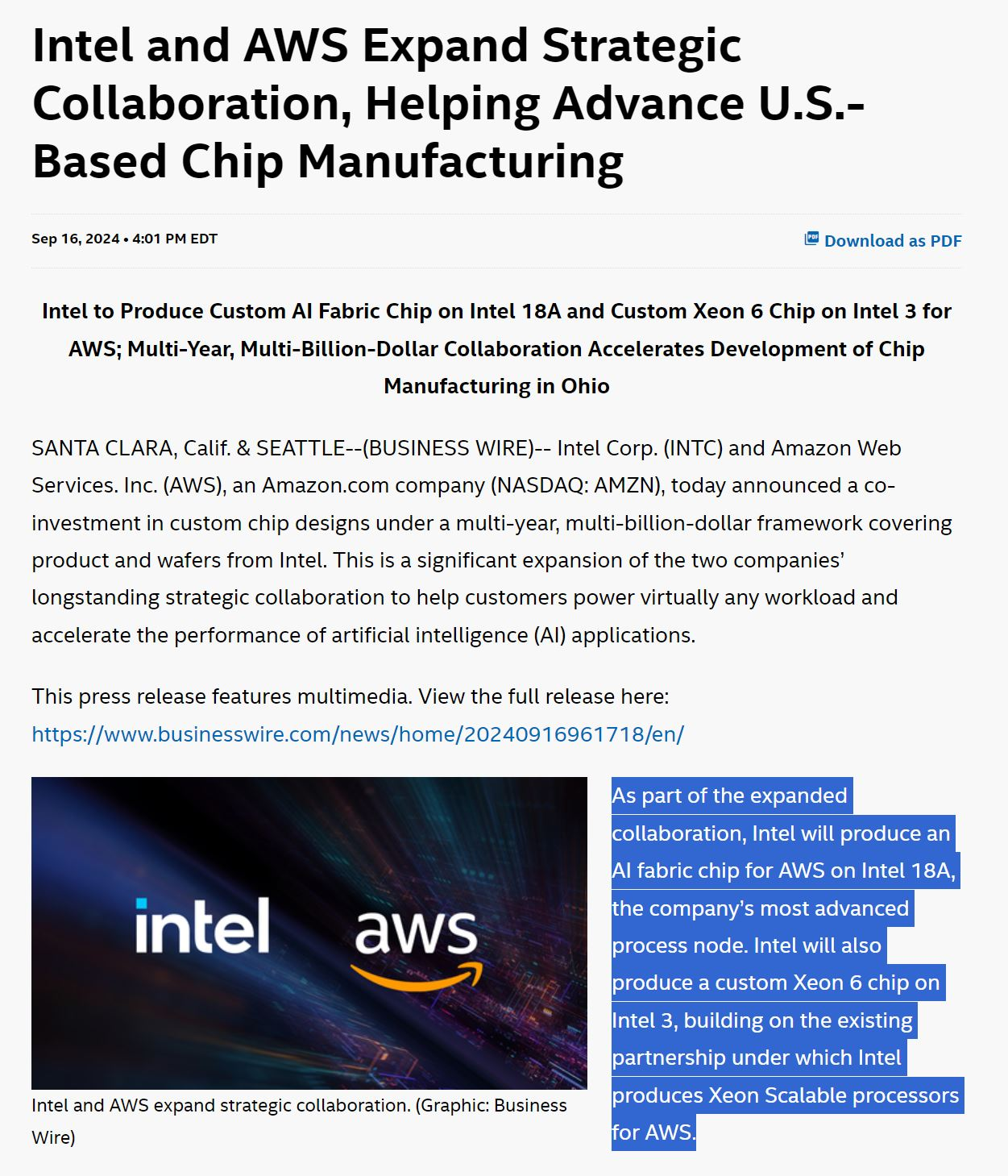 $Amazon (AMZN.US)$ is a very politically-sensitive company. Think that's important context for the $Intel (INTC.US)$ announcement (replete with a quote from Ohi...