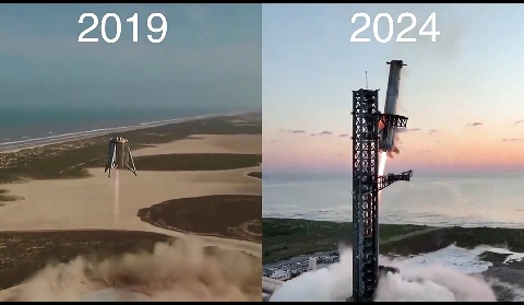 2019年，星舰测试缺乏控制着陆所需的大小和动力。相比之下，2024年超重型助推器表现出显著进展，预示着成功着陆的进展。  @spacex $特斯拉 (TSLA.US)$