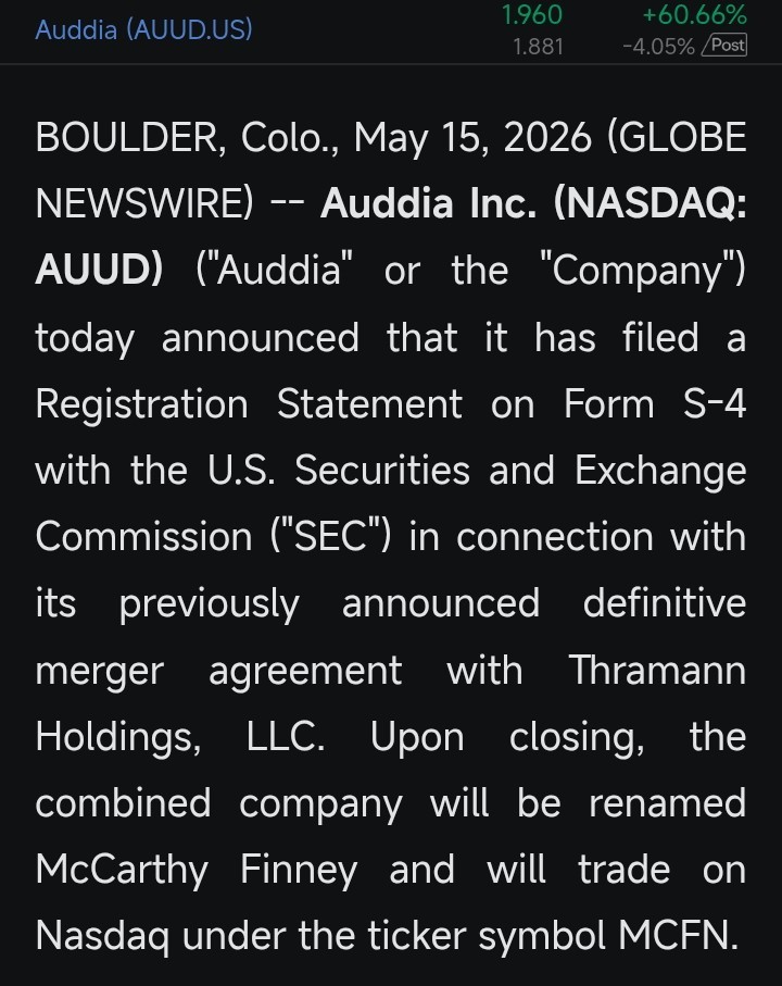 $Auddia (AUUD.US)$ 合并 [礼花][烟花][话筒]