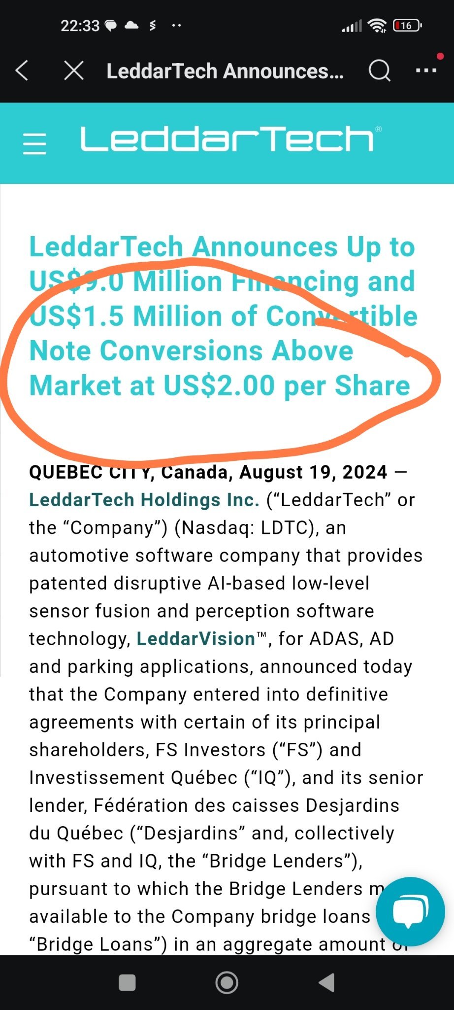 $LeddarTech (LDTC.US)$ Over 2$