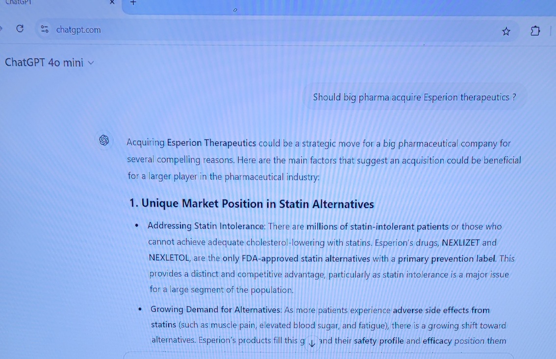 A.i Predicts Big Pharma Will Soon Acquire Esperion Therapeutics for $12 to $16 A share, Current Price $2.25