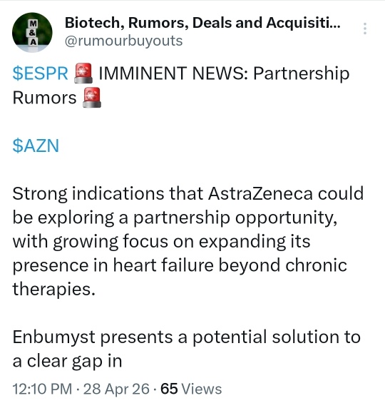  Rumor Desk: ESPERION PARTNERSHIP WITH BIG PHARMA IN THE WORKS. Stock Price Will Double