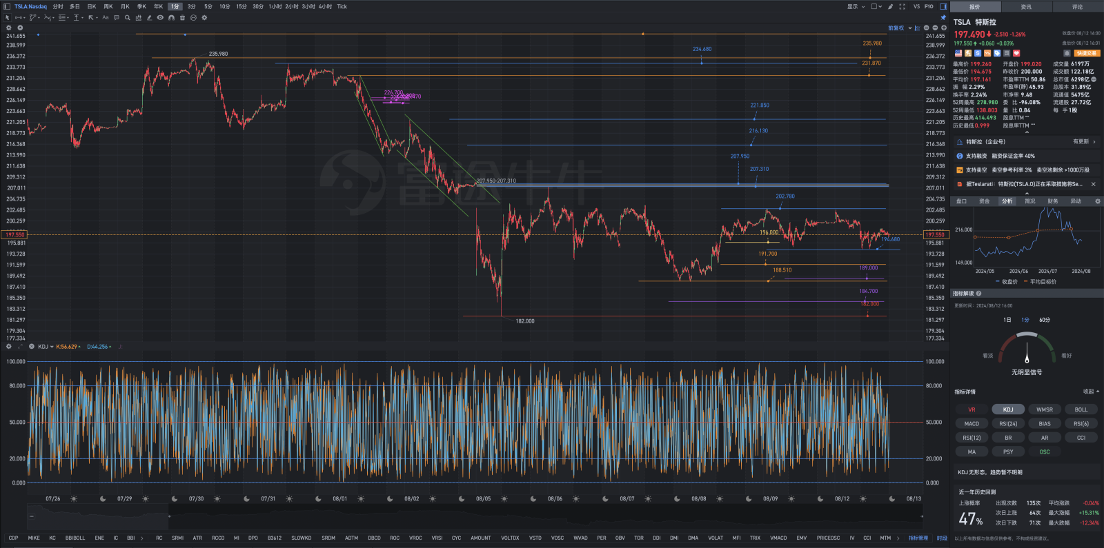 Analysis of the Tesla post-market review chart for Monday, August 12th