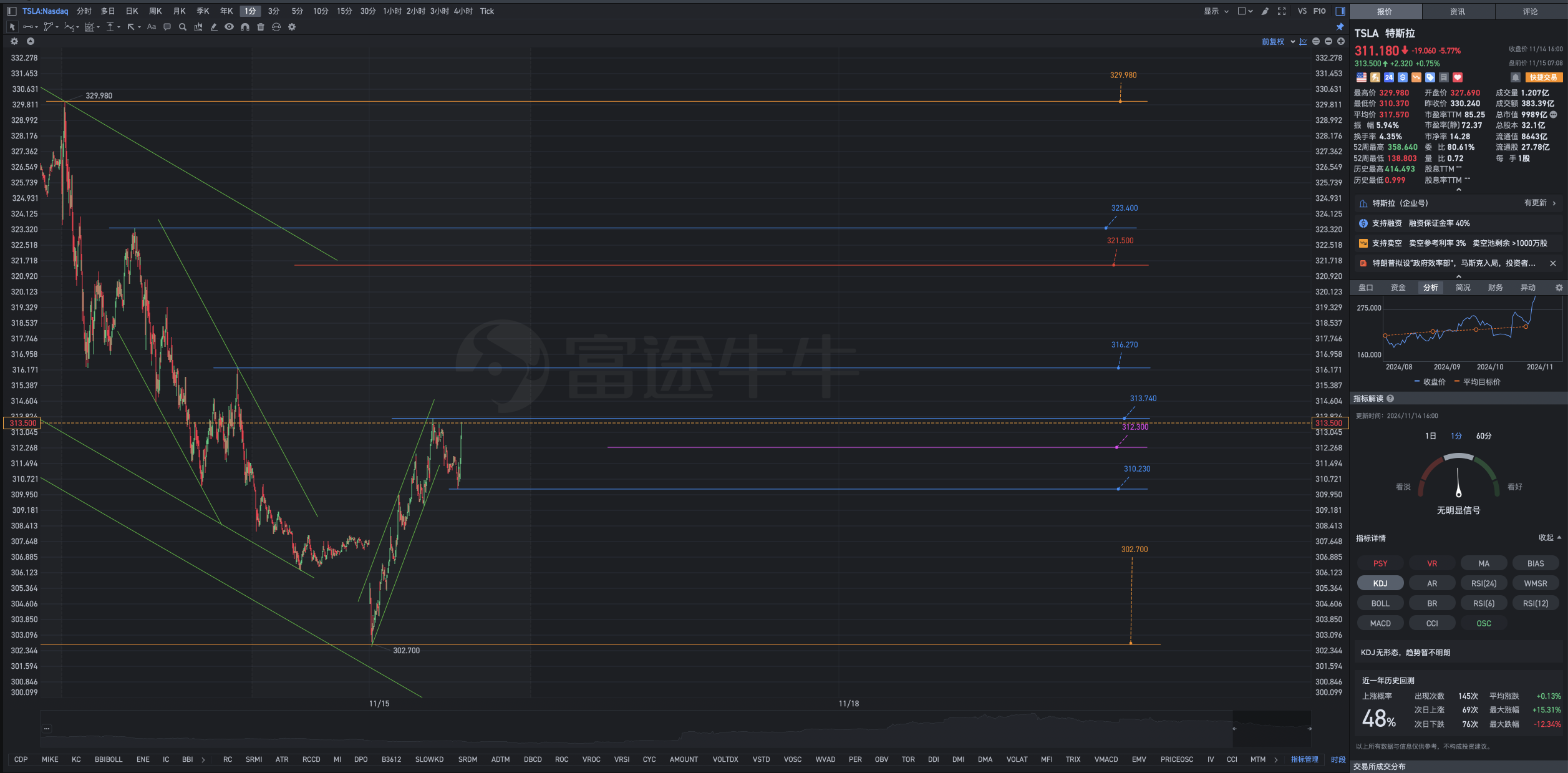 Geometric analysis formula of Tesla's pre-market review chart on Friday, November 15th.