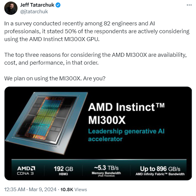 エヌビディアの代わりにMI300Xの性能とコストが向上したために、AMDが置き換えられることが予想されますか？