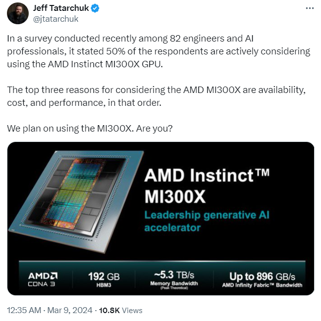 由於 Mi300x 的更好的性能和成本，AMD 是否預計將取代 NVIDIA？