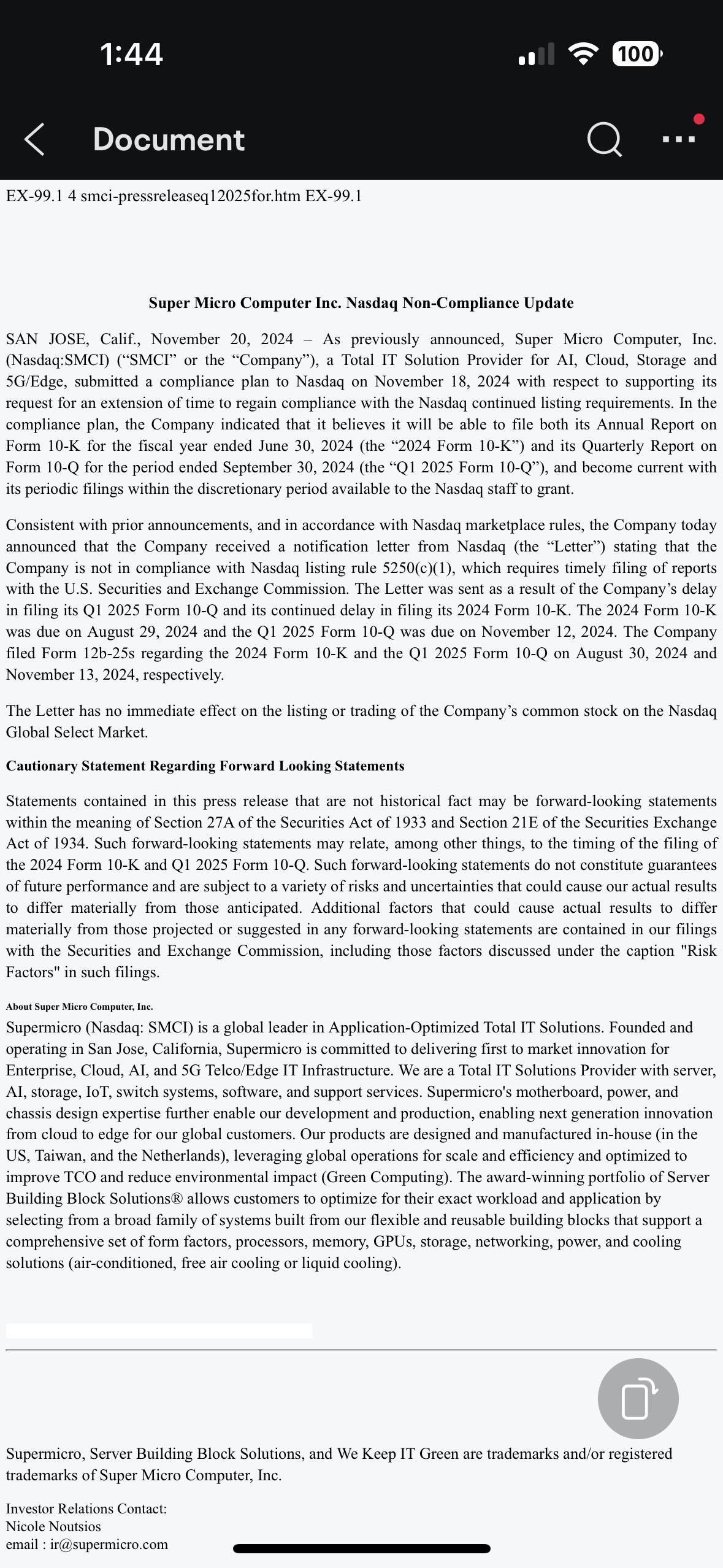 $Super Micro Computer (SMCI.US)$ Not in compliance is what i read. Time for delisting? someone please explain 🤔