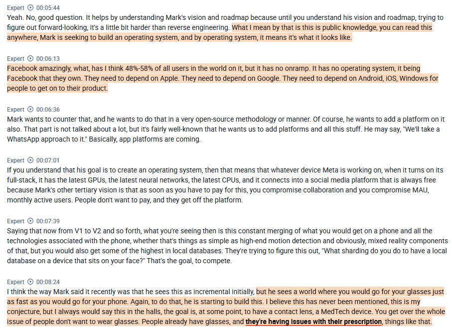 一次非常有趣的采访，采访了一位前高级管理人员 $Meta Platforms (META.US)$ 主管（距离C级高管层还有2级）谈到了一些关于扎克的文化问题：  - 扎克的终极愿景是致力于打造一个操作系统。他还分享了一些有关$META大厅上正在讨论的话题，扎克关于AR/VR的目标是打造一款医疗科技设备隐形眼镜。  -...