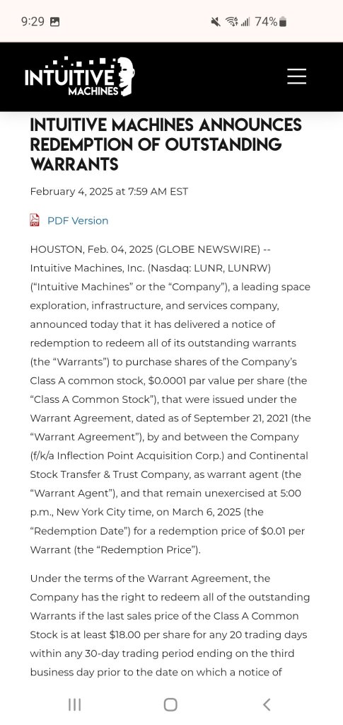 you can NOW exercise your warrants to buy shares at $11.50!  $LUNR is currently trading plus $21.0! big gains!