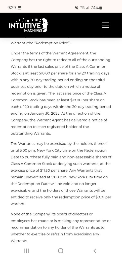 you can NOW exercise your warrants to buy shares at $11.50!  $LUNR is currently trading plus $21.0! big gains!