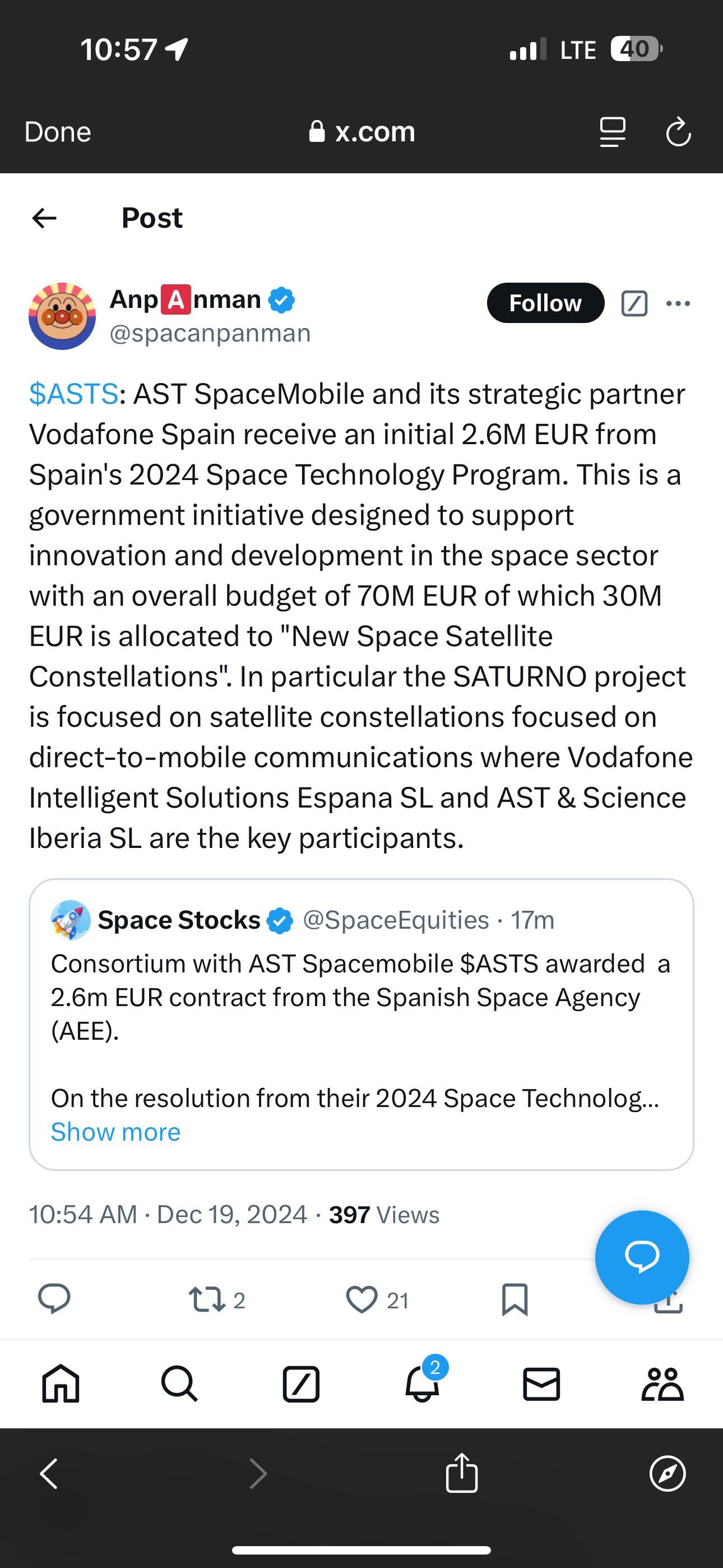 $AST・スペースモバイル (ASTS.US)$ ASTSが29に達したときにPUTを買い取る