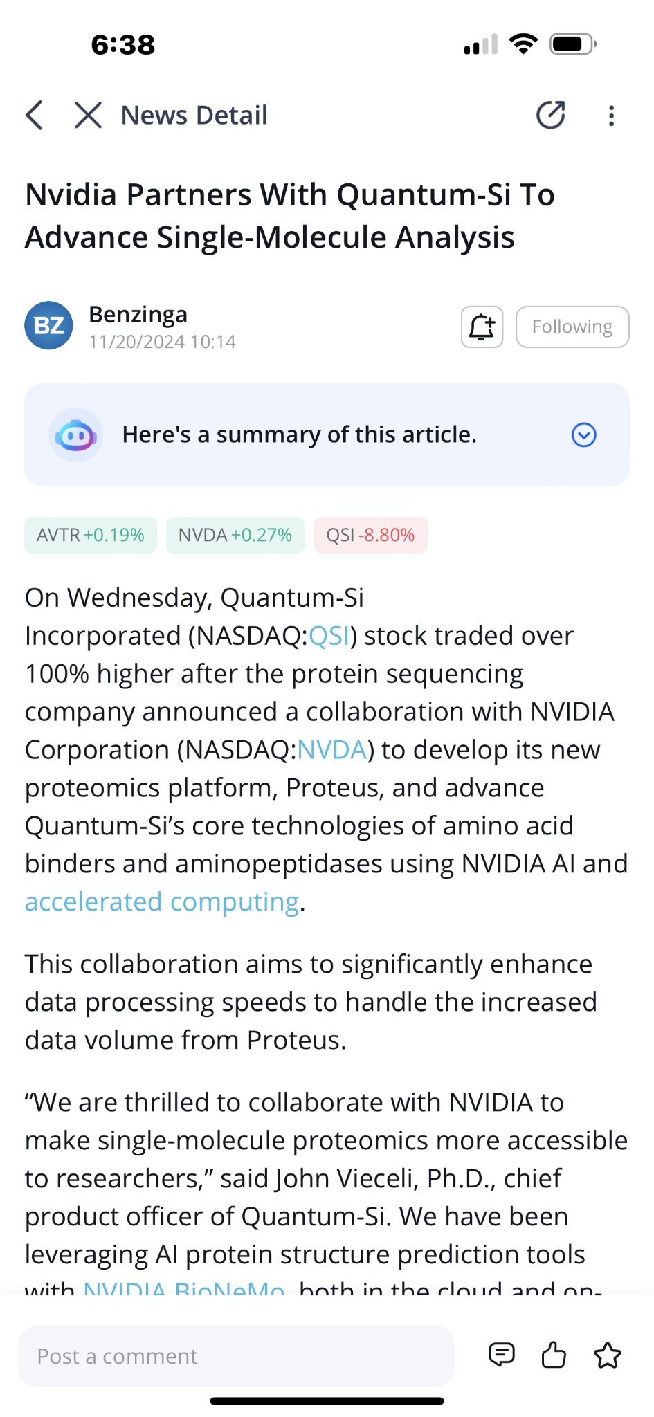 $Quantum-Si (QSI.US)$ is the Nvidia partnership a secret?  I don't see it on the news tab.  is the deal not final?  that would explain why we have no partnershi...