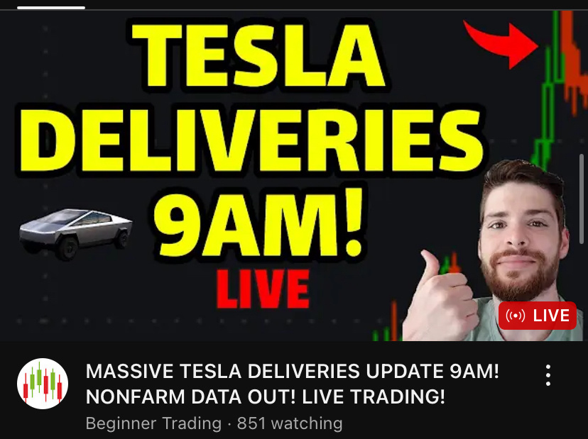 $Tesla (TSLA.US)$ Beginner Trading on youtube is streaming the delivery numbers if you want to check it out and join in the conversation  $SPDR S&P 500 ETF (SPY...