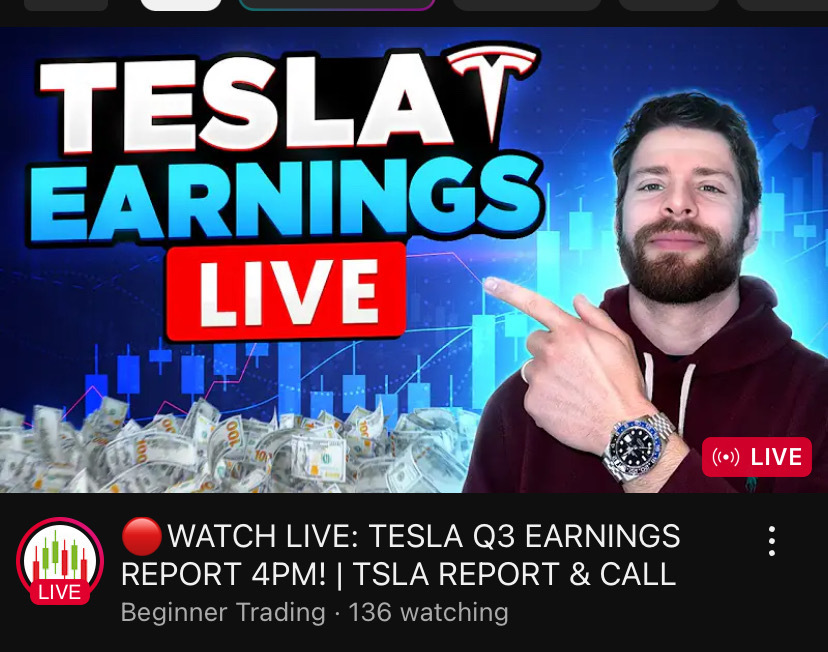 $Tesla (TSLA.US)$ Beginner Trading on youtube is streaming the tesla earnings report and call afterward if you want to check it out and join in the conversation...