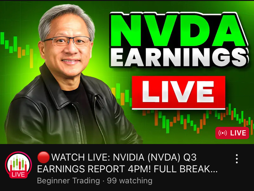 $英伟达 (NVDA.US)$ 初学者交易在YouTube上直播Nvdia的收益报告，如果您想要查看并加入对话，请看涨  $纳指100ETF-Invesco QQQ Trust (QQQ.US)$$SPDR 标普500指数ETF (SPY.US)$