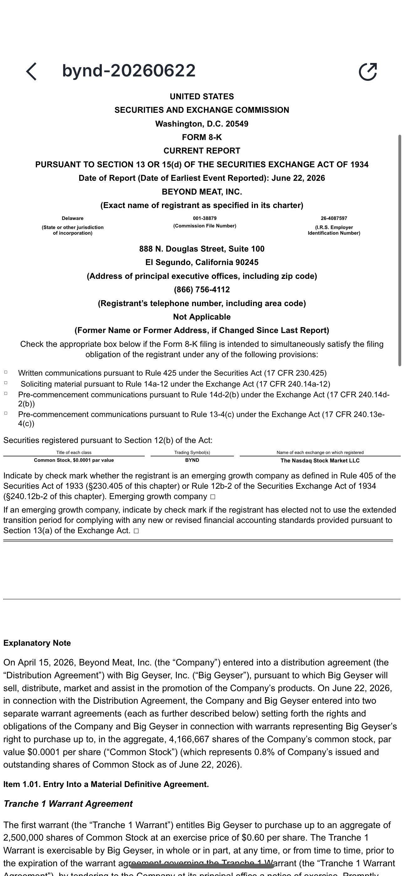 $Beyond Meat (BYND.US)$ BYND又通过8-K文件扔出一枚稀释炸弹：向Big Geyser发行417万份认股权证，行权价分别为$0.60和$0.001。第二批对分销商来说简直是白捡的钱，而股东们却再次被稀释。罗素指数剔除加上这次操作，在我看来意味着更多痛苦即将到来🥴