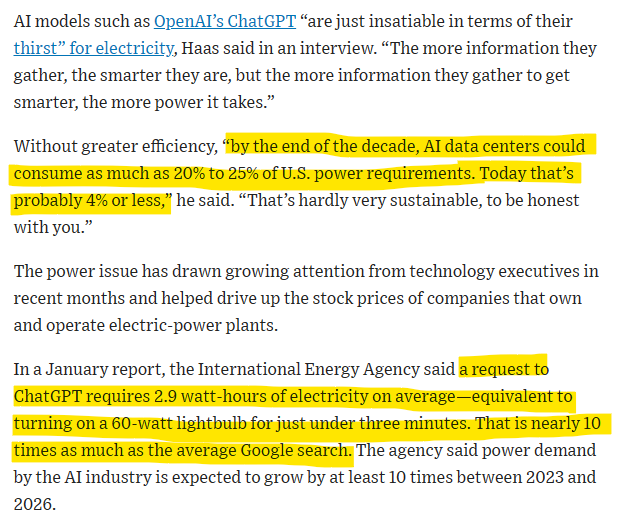 $Arm Holdings (ARM.US)$ $ARM CEO says AI energy needs are not sustainable. By the end of the decade, AI data centers could consume as much as 20-25% of US power...