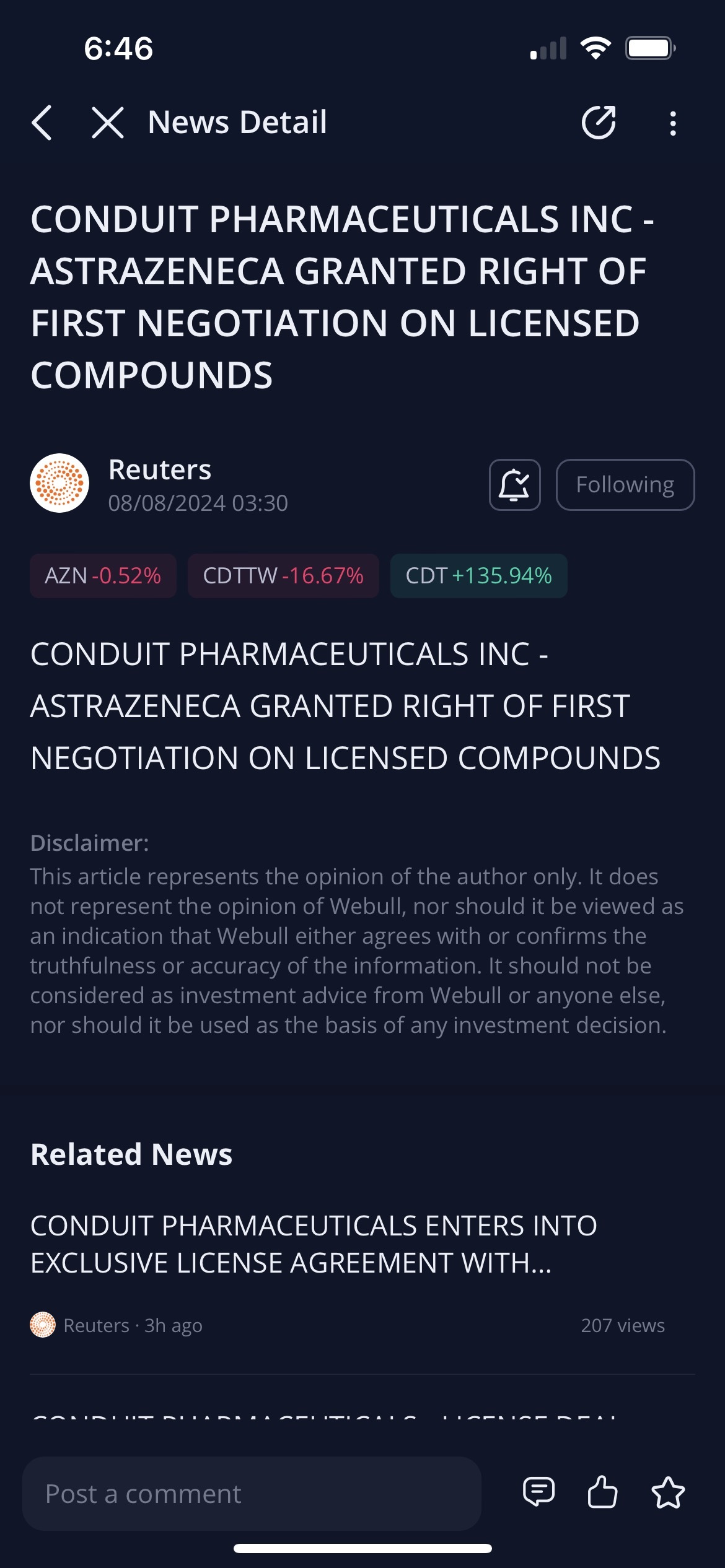 CDT - NEWS VOLUME AND LOW / MICRO FLOAT