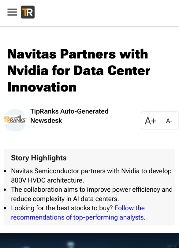 NVTS PARTNERSHIP WITH NIVIDIA