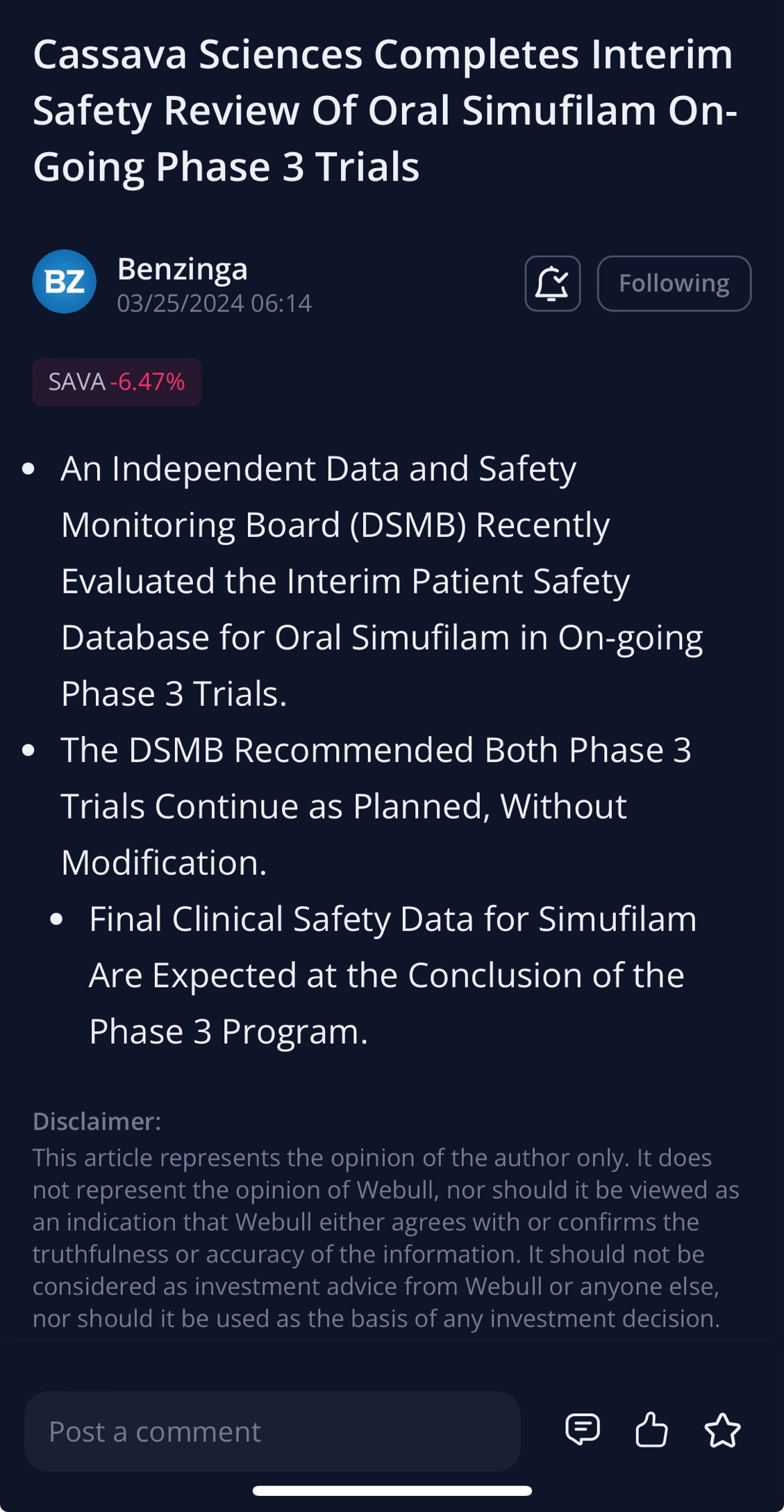 $Cassava Sciences (SAVA.US)$ Safety!!! Every SAVA process is showing good for FDA. Cassava Sciences Completes Interim Safety Review Of Oral Simufilam On-Going P...