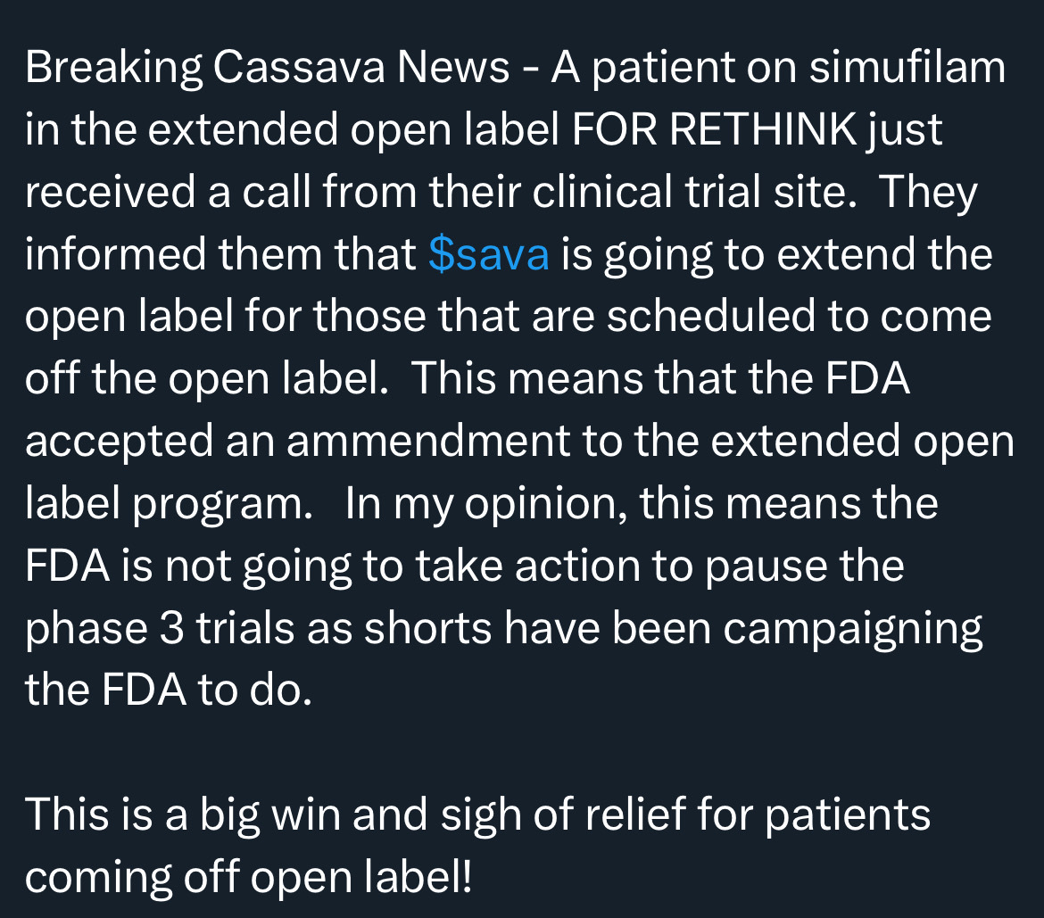 $Cassava Sciences (SAVA.US)$ 这是看涨新闻，空头只是在作弊/操纵股价。他们不会阻止人们使用Simufilam治疗阿尔茨海默氏症的改善。感谢 Matt 的更新