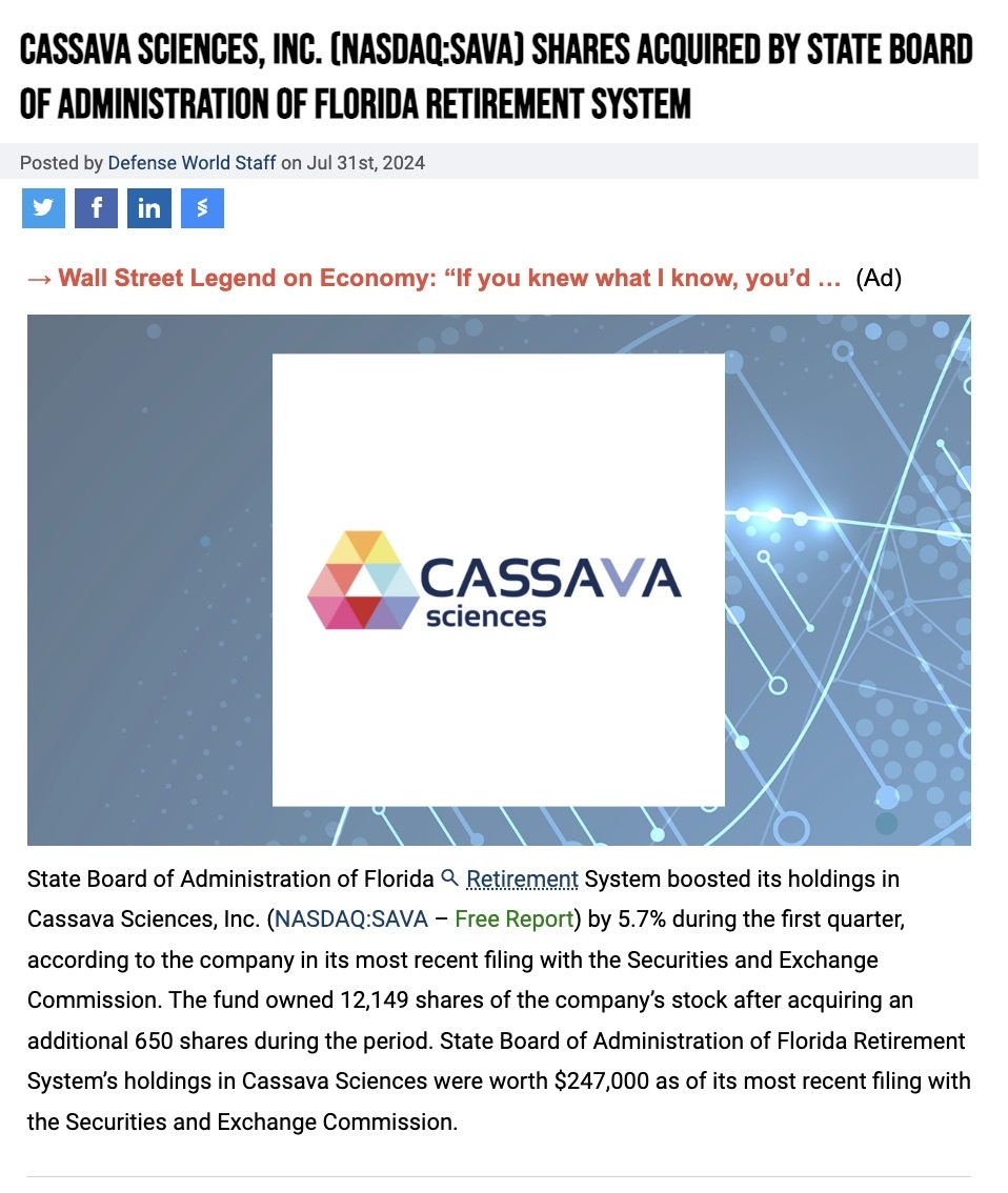 $キャッサバ・サイエンシズ (SAVA.US)$ 機関投資家が増えていると信じています！ フロリダ州退職制度委員会は、最近の証券取引委員会への申請書によれば、Cassava Sciences, Inc.（NASDAQ：SAVA - Free Report）の保有株式を第1四半期に5.7％増やし、その後、追加の650株を...