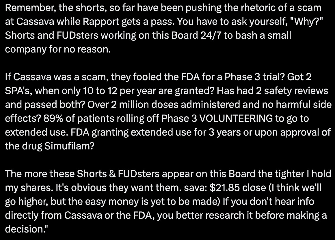 $Cassava Sciences (SAVA.US)$ 非常有趣。全球有多少個試驗站點要求患者繼續服用 simufilam？89％ 的人繼續服用毒品。短褲是自戀者的社會病變者，他們只關心錢而不關心生活。在美國證券交易委員會的情況清除後，這最終將改變，隨著他們每天都擺脫操縱。短褲的貪心會因為他們造成的損害而遭受更嚴厲的...