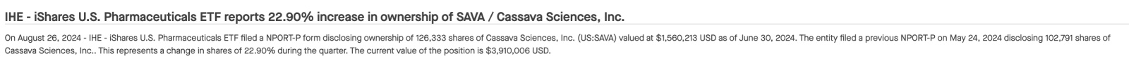 $Cassava Sciences (SAVA.US)$ 最近看好SAVA的機構買盤，截至2024年8月26日：IHE - iShares美國制藥etf報告SAVA / Cassava Sciences股份的所有權增加了22.90%。