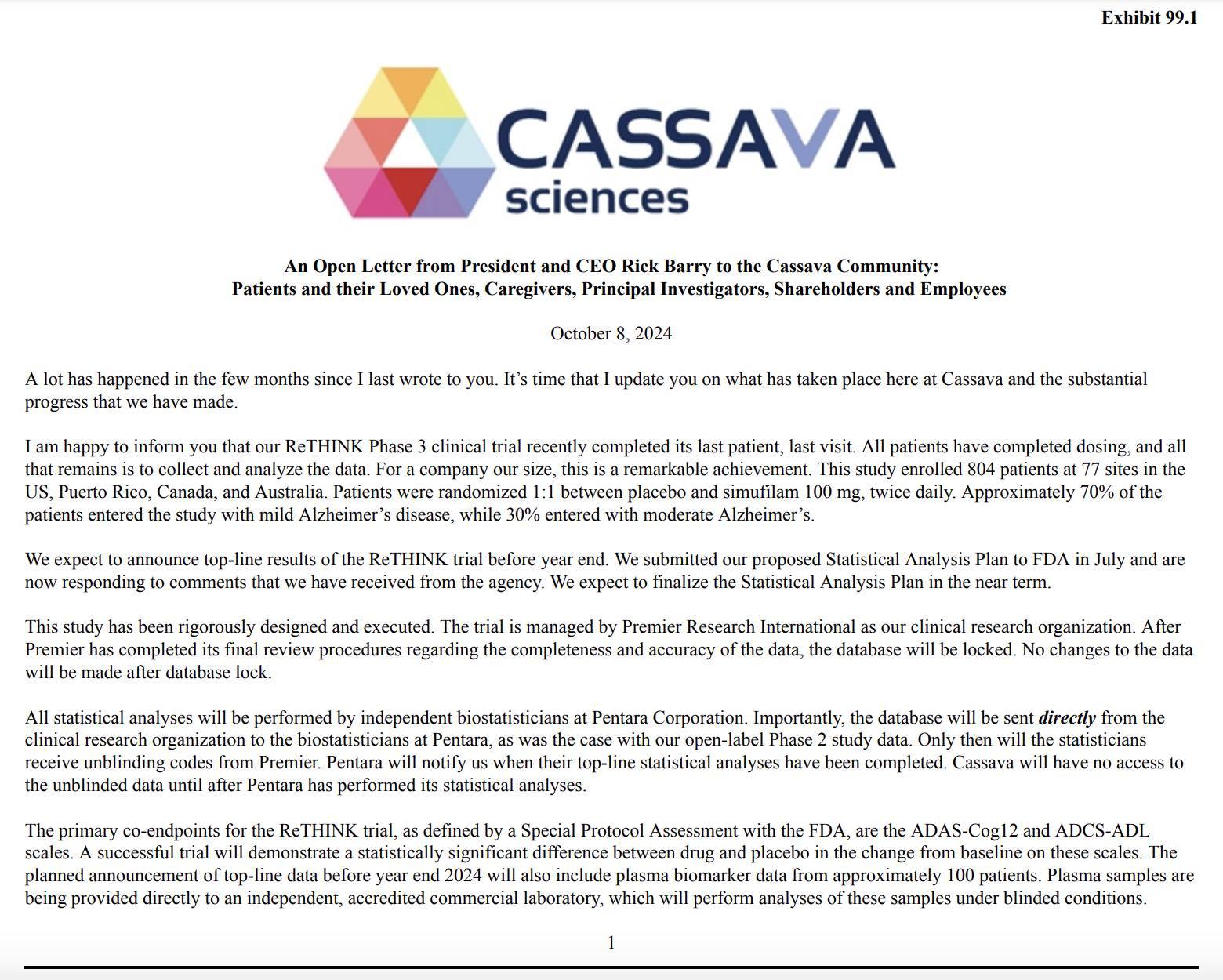 $Cassava Sciences (SAVA.US)$ 8K of Completed Rethink Trial, Why there was an SEC Settlement and results any day now. After This, there is no way that you can co...