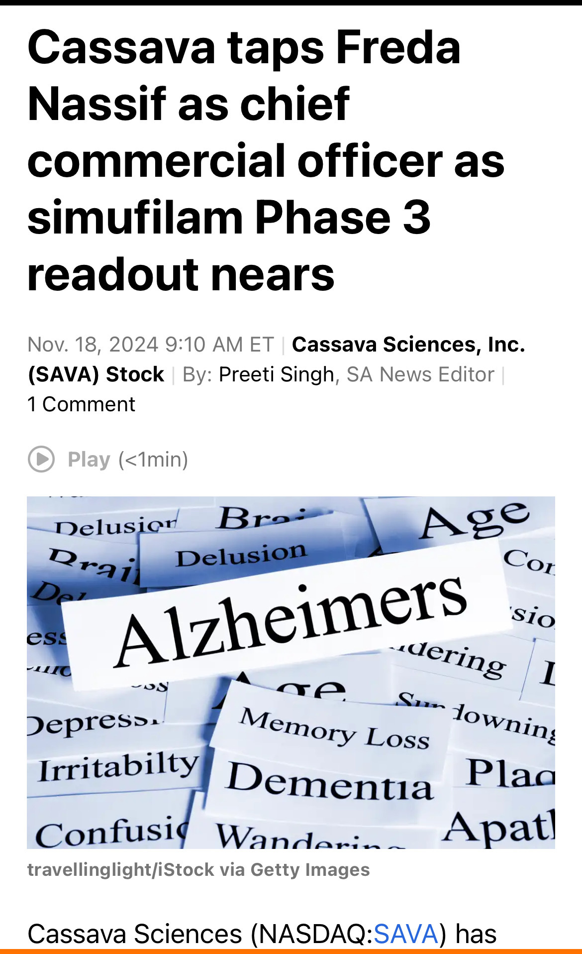 $Cassava Sciences (SAVA.US)$ Cassava taps Freda Nassif as chief commercial officer as simufilam Phase 3 readout nears. 25 years of experience leading commercial...