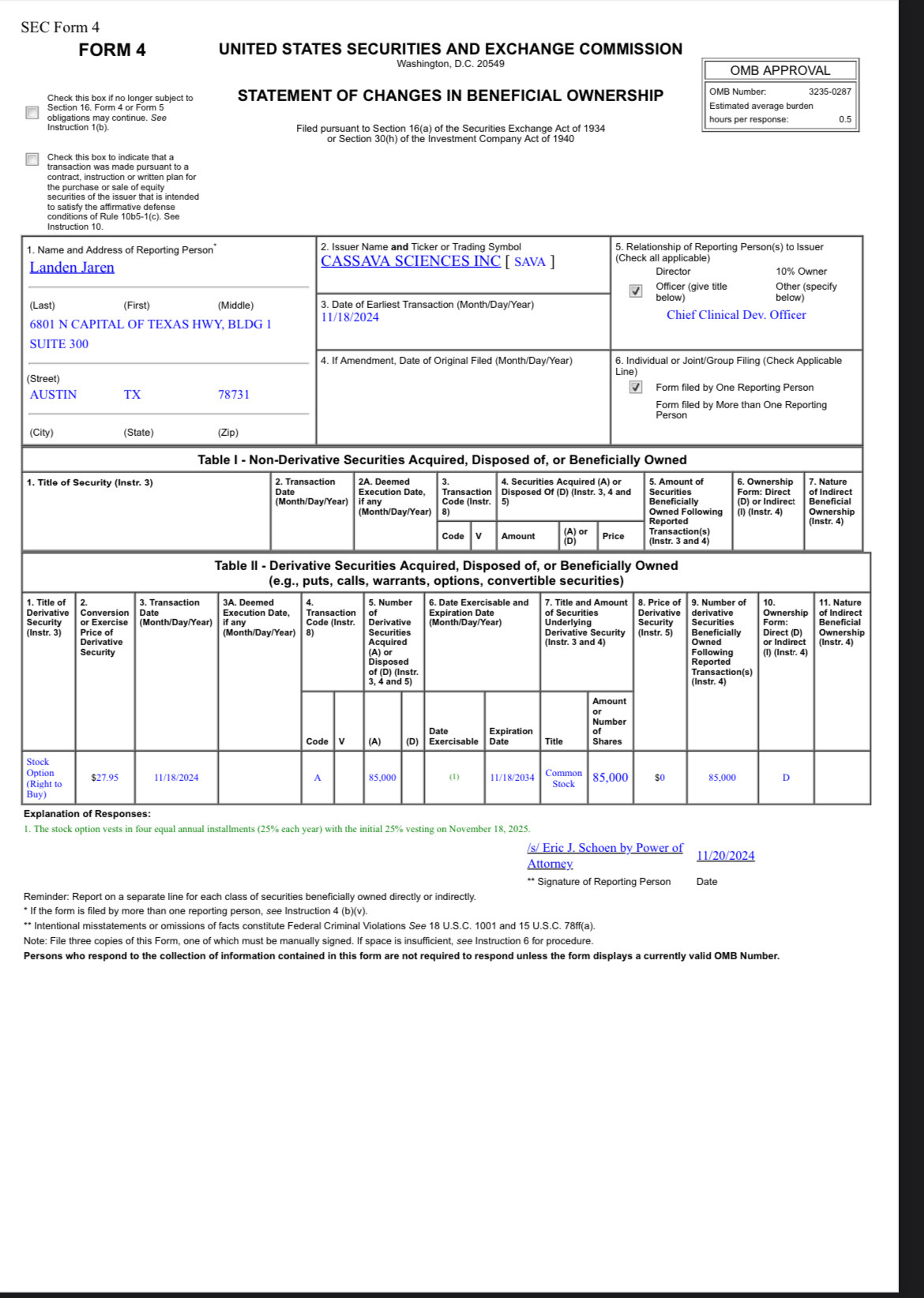 $Cassava Sciences (SAVA.US)$ 公司開發主管提交新的4表格。所有板塊都看好