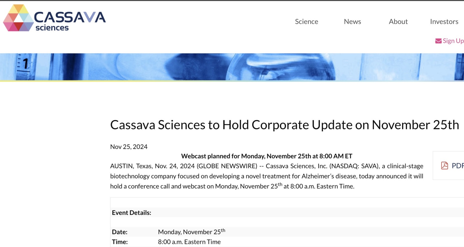 $Cassava Sciences (SAVA.US)$ 明天將會有看好的資訊：cassava sciences將於11月25日舉行企業更新。