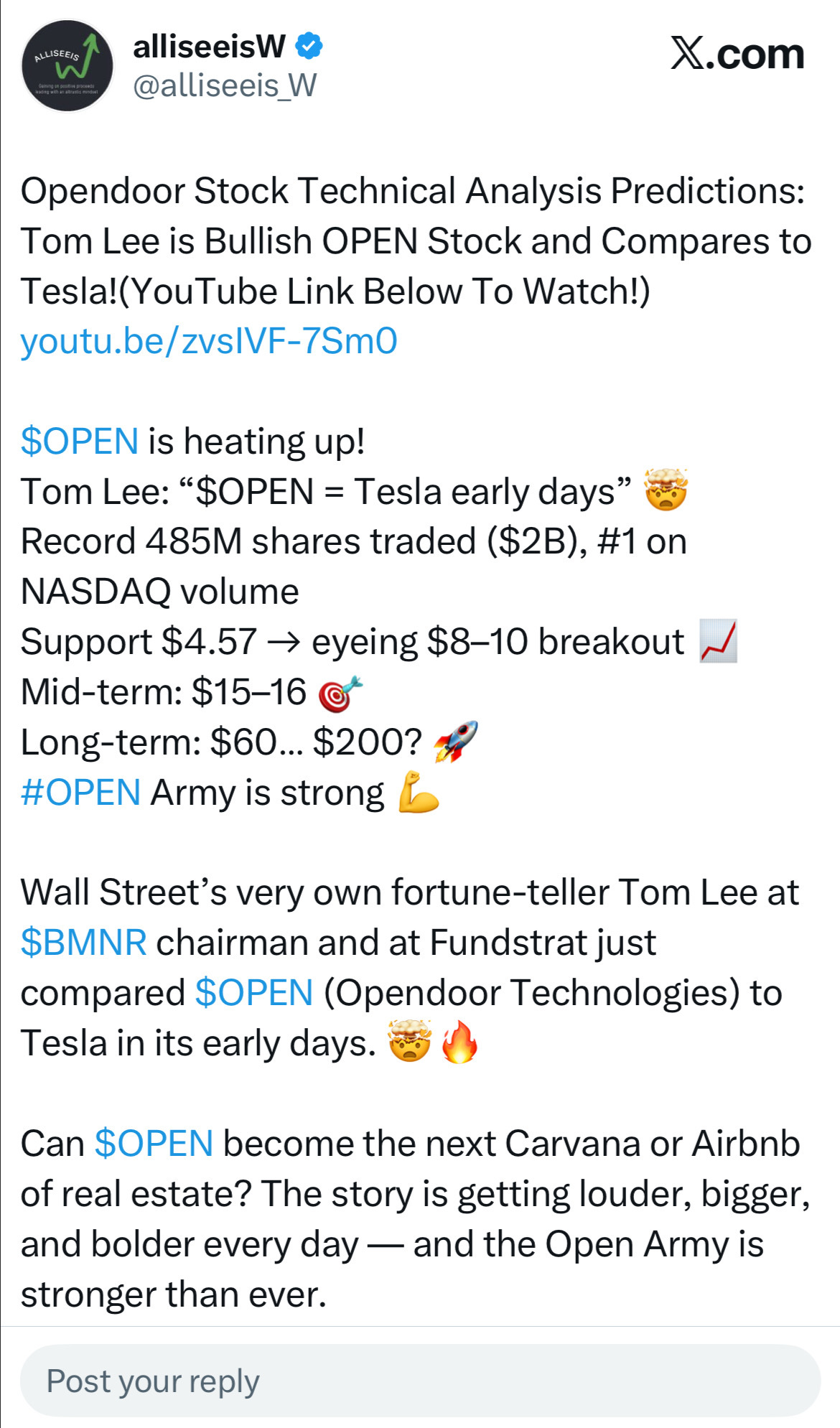 从8 美元到60 美元？汤姆·李大胆的$OPEN 预测🚀（Fundstrat 联合创始人及华尔街策略师） - moomoo 社区