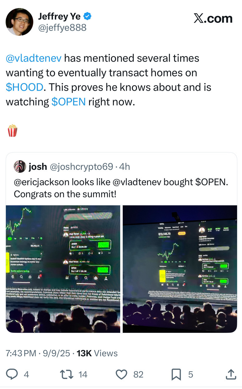 不要忽视这个重要信号 ⚡ — Robinhood 与 Opendoor 合作的可能性。