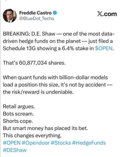🚨 D.E. Shaw 現已正式持有 Opendoor 的 60,877,034 股股票，佔其總股份的 6.4%。