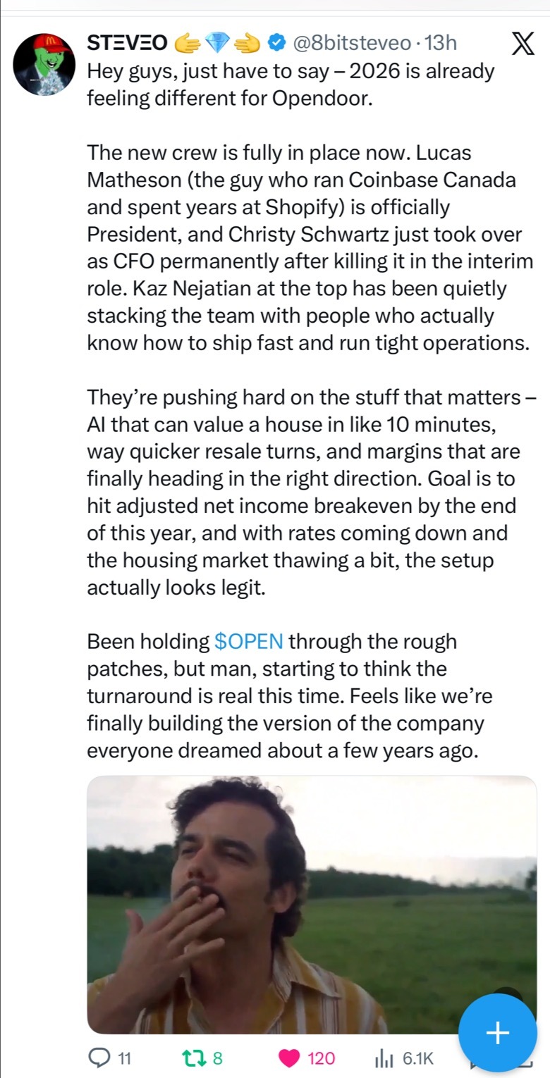 $Opendoor Technologies (OPEN.US)$ Before things get busy again, I wanted to share one post I came across today that really stood out to me. If you see fewer posts from me after this, it’s simply because I’ll be back to real life and won’t have much time online. Opendoor: A Structural Reset, Not a Sentiment Trade  More and more signs suggest that what’s happening at Opendoor isn’t about sentiment or a short-term bounce — it’s ...