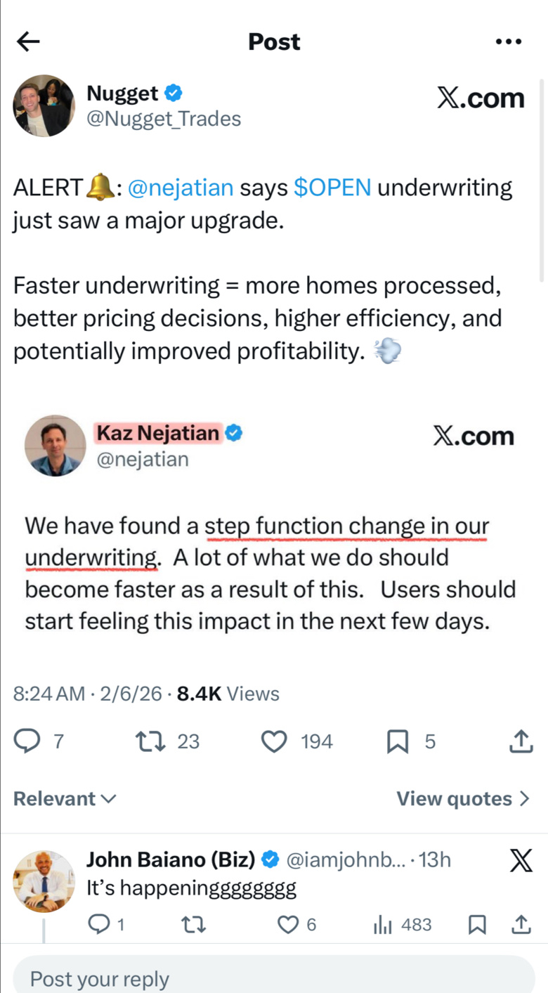 $Opendoor Technologies (OPEN.US)$ Faster underwriting = better decisions, more homes, and better margins.  Not flashy, but this is how long-term value gets built.