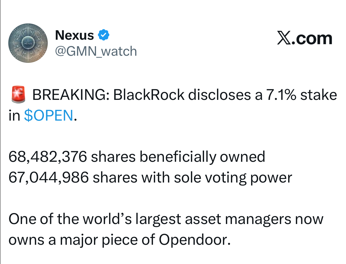 🚨 看涨 $OPEN！贝莱德持有 7.1%，而道富集团将其持仓增加了264%。大型机构正在大举买入。🚀🔥