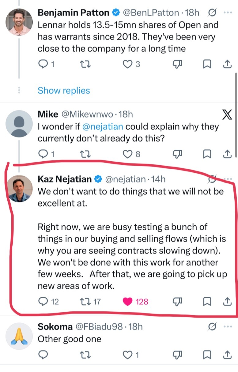 $undefined (OPEN.US)$ ความเห็นของ Kaz คือส่วนที่ผมกำลังจับตามองมากที่สุด นั่นคือการทำระบบการซื้อและขายที่เป็นหัวใจหลักให้เป๊ะก่อน แล้วค่อยขยายไปสู่ขอบเขตงานใหม่ๆ  ไอเดียเรื่อง Lennar/3P ยังเป็นแค่การคาดการณ์ ไม่ได้มีการประกาศเป็นพาร์ทเนอร์กันอย่างเป็นทางการ แต่มันเป็นตัวอย่างที่น่าสนใจว่าโมเดล Opendoor marketplace ที่มีความเป็น Asset-ไลท์ มากขึ้นนั้นจะมีหน้าตาเป็นอย่างไรในอนาคต  ค่อยเป็นค่อยไป เน้นที่การลงมือทำให้สำเร็จก่อน 🚀 ไม่ใช่คำแนะนำทางการเงิน