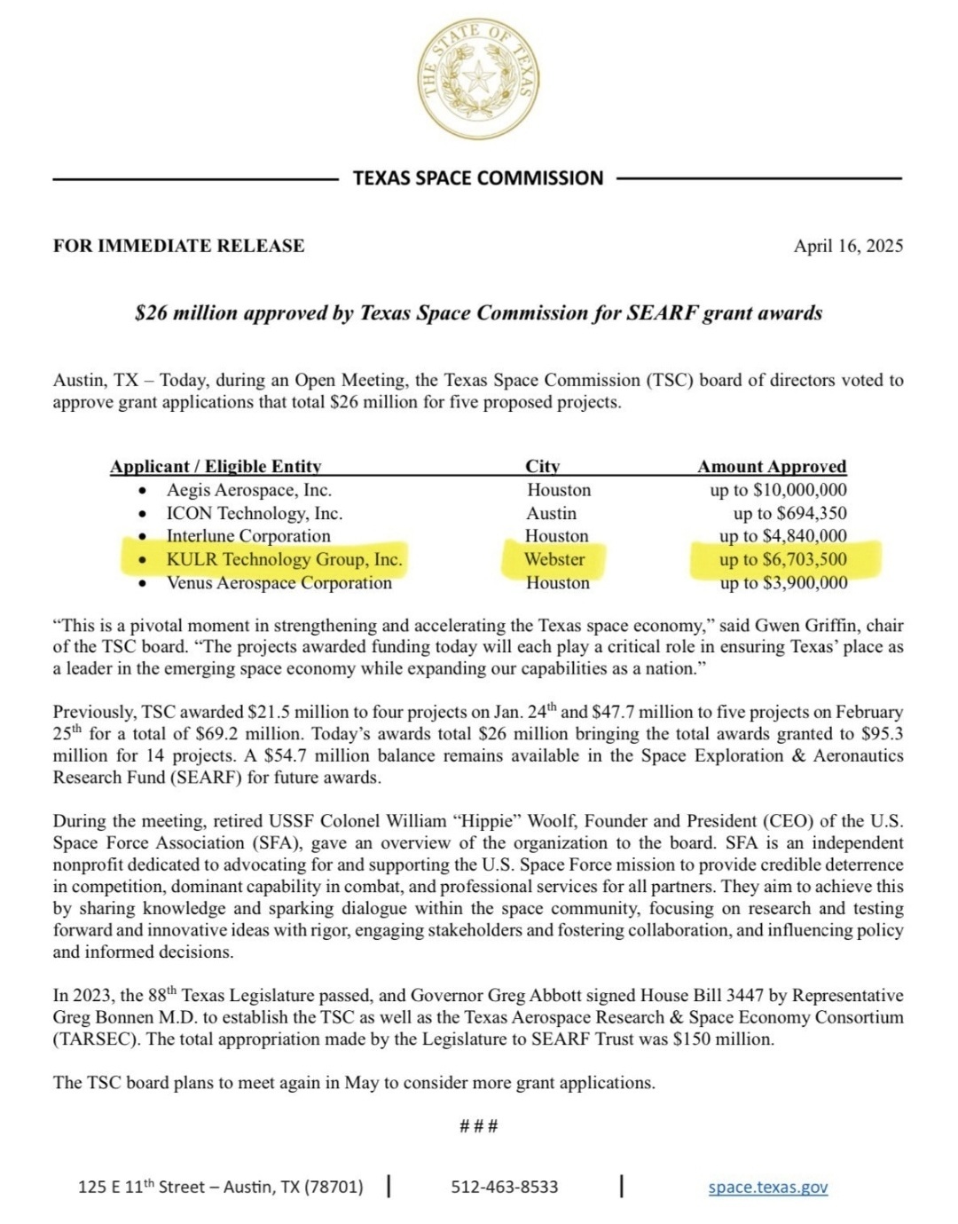 $KULR Technology (KULR.US)$ 🚀剛剛從德克薩斯航天委員會獲得了一筆巨額資助!