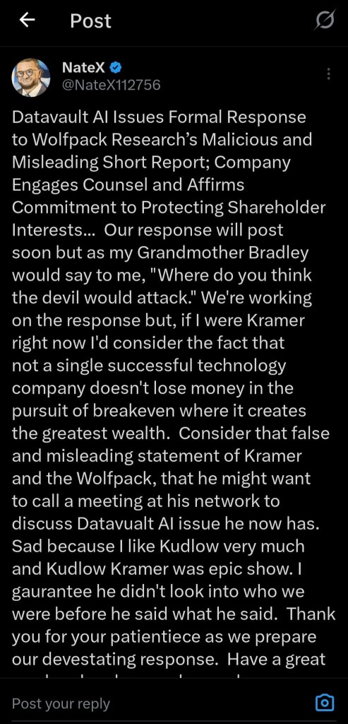 Datavault AI CEO's reply to short-selling firm