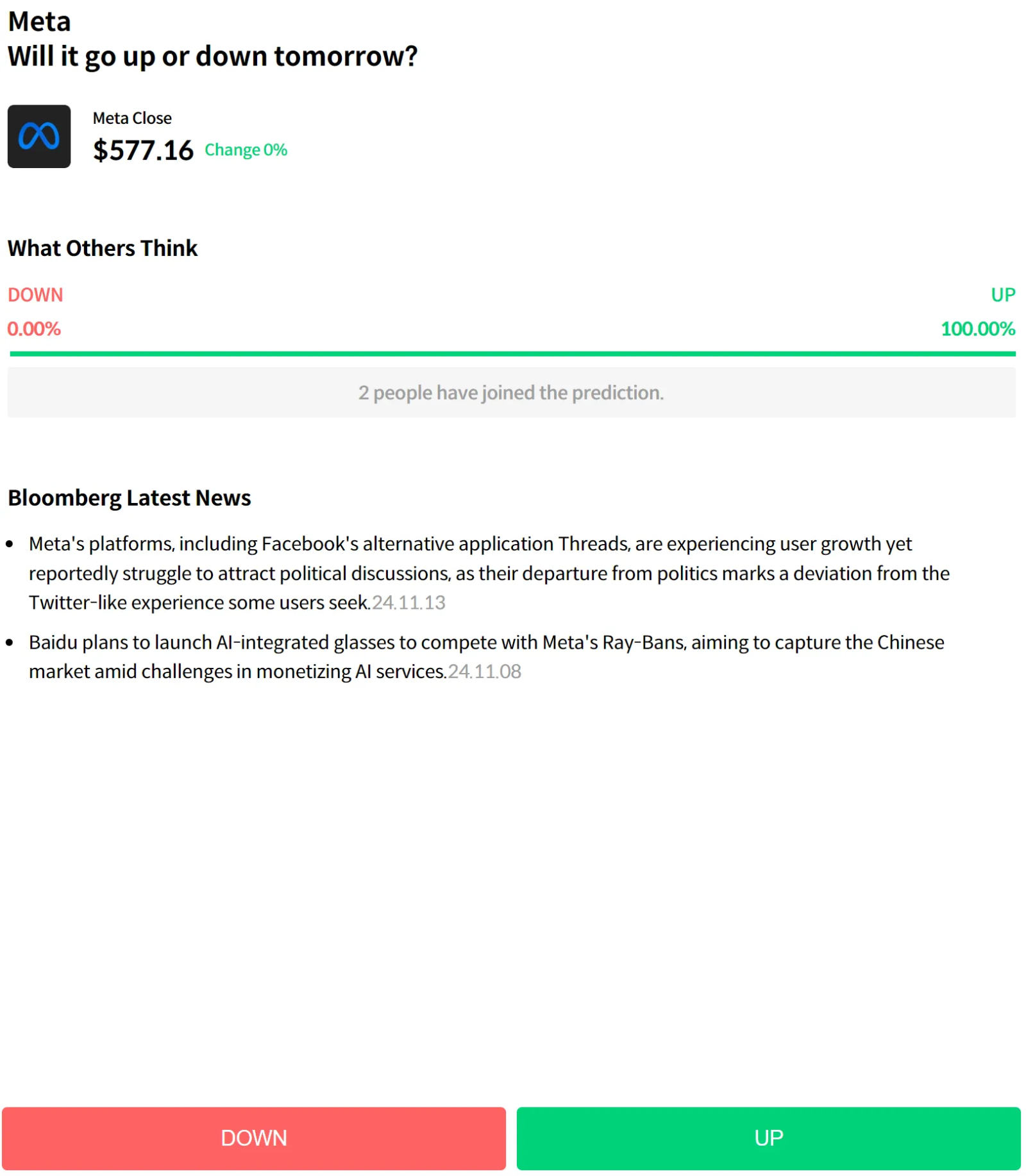 $Meta Platforms (META.US)$ META fell 0.49% yesterday. How will it move this week? Guess the movement of META every day and receive prize up to $100 at our servi...