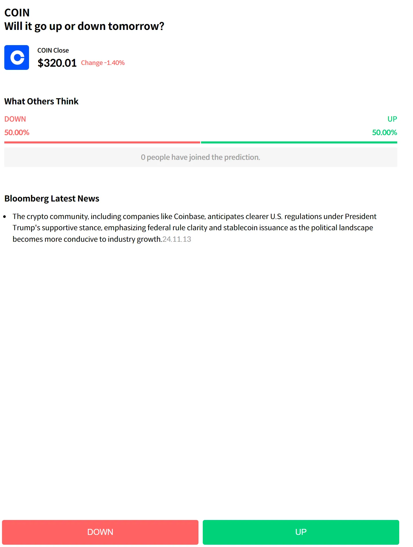 $Coinbase (COIN.US)$ COIN昨天下跌了1.40%。本周会如何走势？每天猜测Coinbase的变动，有机会在我们的服务中获得高达100美元的奖金！我们还提供相关资讯和摘要。 [链接: Vest Way]