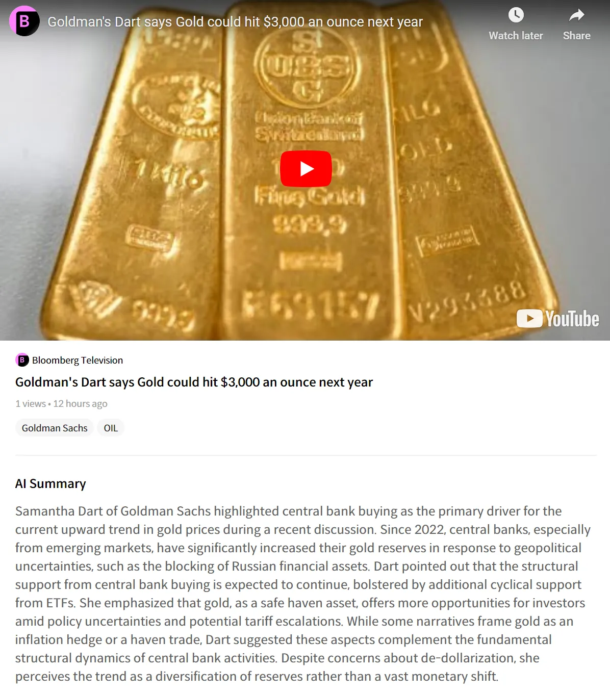 $SPDR黄金ETF (GLD.US)$ [今日的黃金資訊！] Goldman的Dart表示，黃金可能在明年達到每盎司3000美元的水平！ [鏈接: https://learntoearn.page.link/app_land] 訪問我們的服務以隨時獲取最新的Bloomberg資訊並收到摘要!