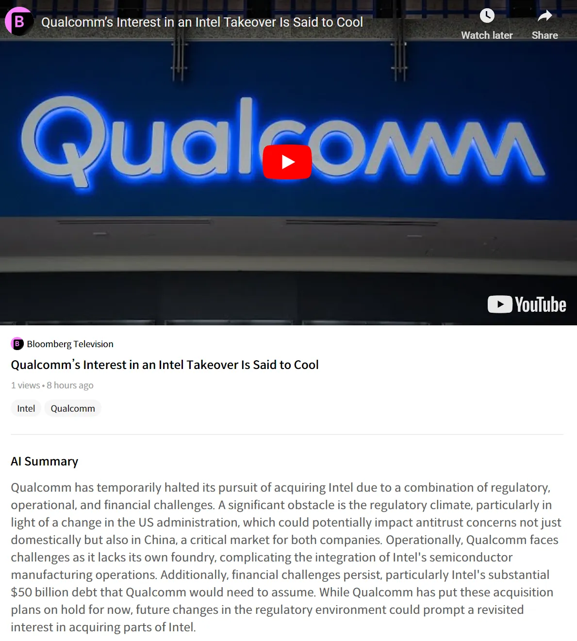 $Intel (INTC.US)$$Qualcomm (QCOM.US)$ [Today’s News on INTC, QCOM!] Qualcomm’s interest in an Intel takeover is said to cool. [Share Link: https://learntoearn.p...