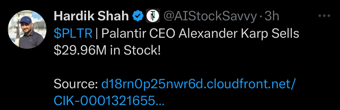 Palantir CEO以2996万美元的价格出售股票。